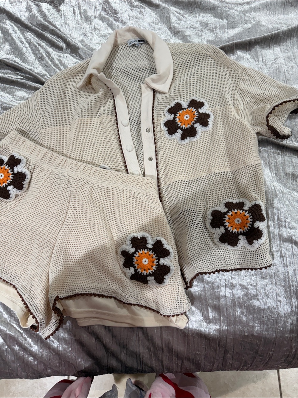 Fashion Nova Cream Crochet High-Waist Lounge Shorts with Floral Appliqués